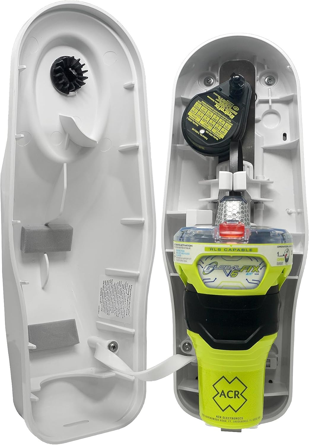 ACR GlobalFix V6 AIS EPIRB (Model 2853) front view showing emergency beacon with mounting bracket