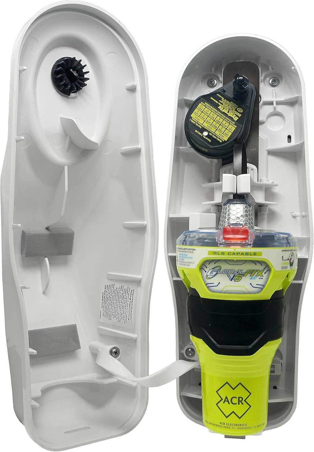 ACR GlobalFix V6 AIS EPIRB (Model 2853) front view showing emergency beacon with mounting bracket