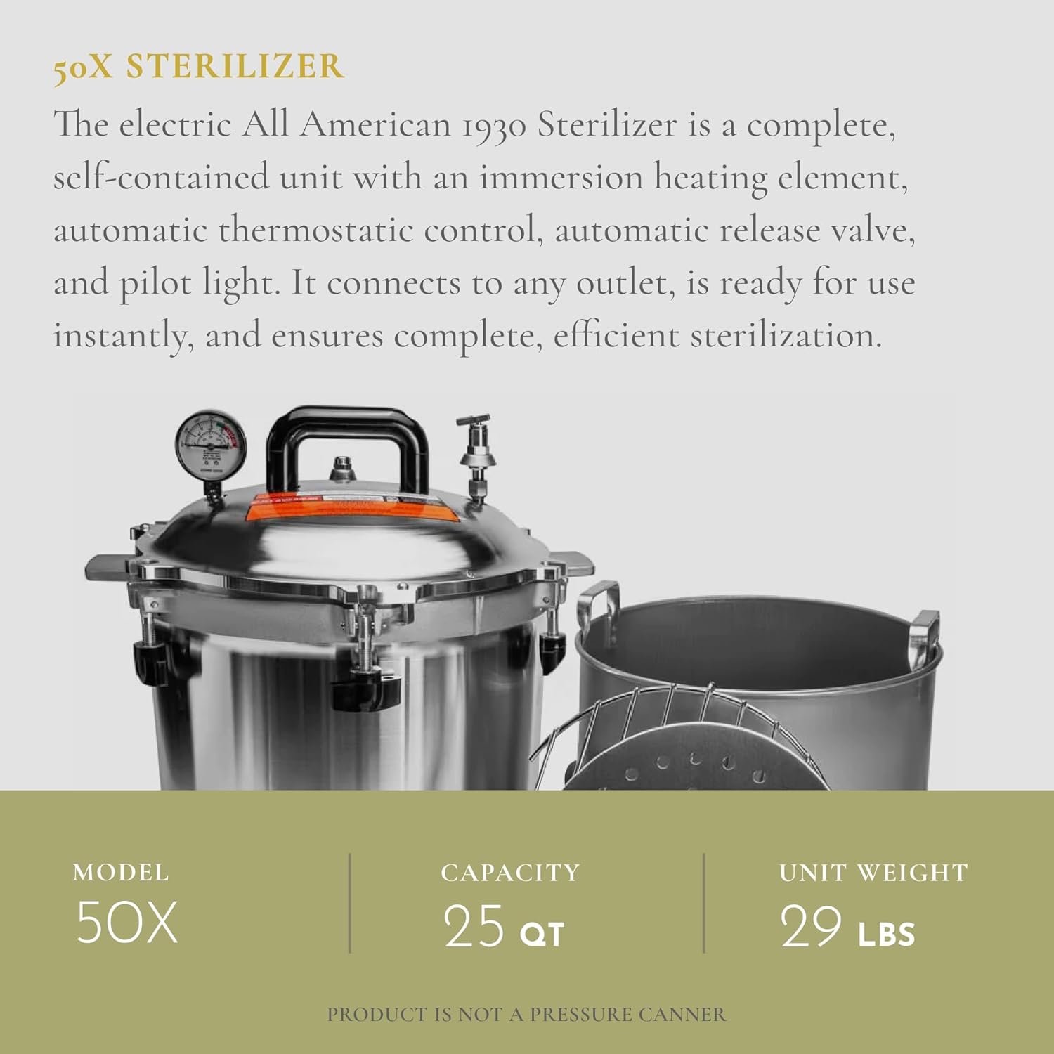All American 50X 25 quart electric sterilizer with metal-to-metal seal