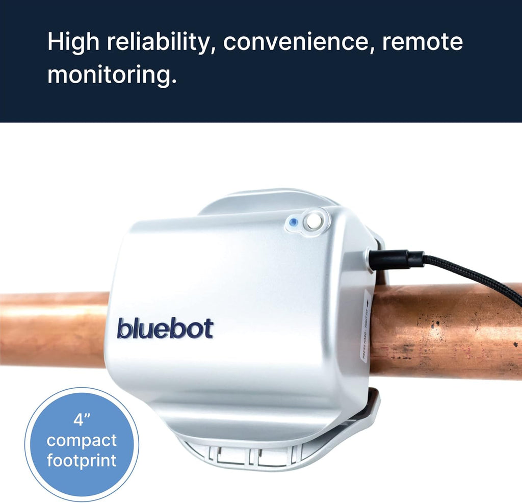 Bluebot flow meter clamped on pipe with app display