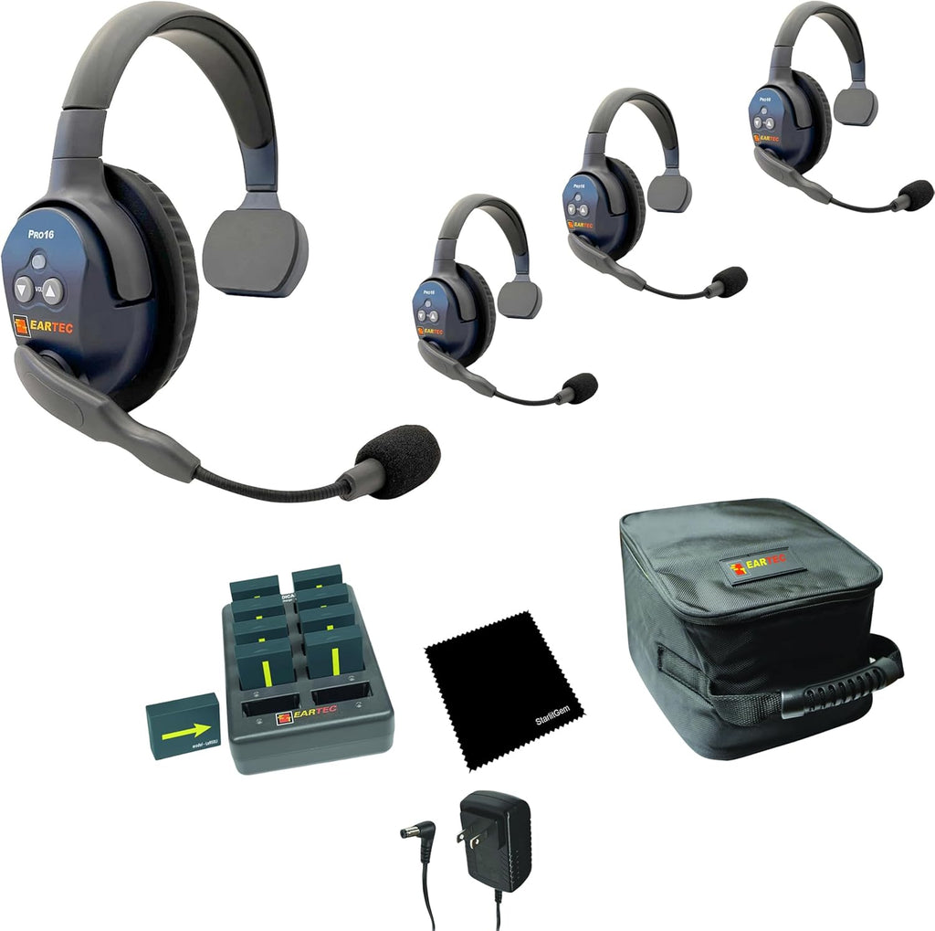 Ultralite ETP4S full duplex wireless intercom system with four single headsets and noise-reducing microphones