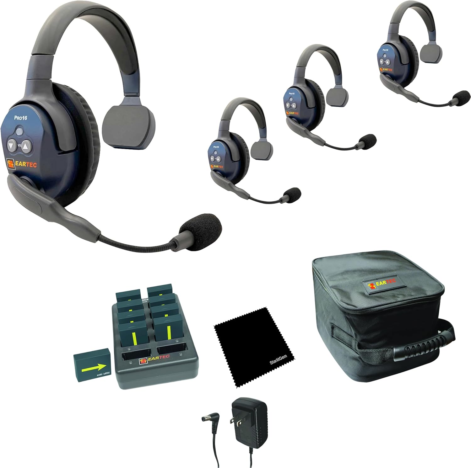Ultralite ETP4S full duplex wireless intercom system with four single headsets and noise-reducing microphones