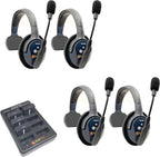 Ultralite ETP4S full duplex wireless intercom system with four single headsets and noise-reducing microphones