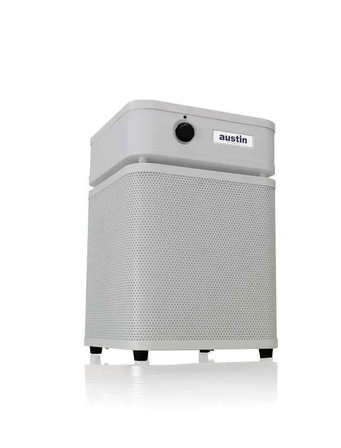 Austin Air HealthMate Junior compact air purifier with 360-degree intake and steel housing.