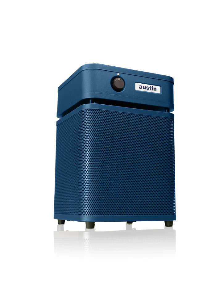 Austin Air HealthMate Junior compact air purifier with 360-degree intake and steel housing.