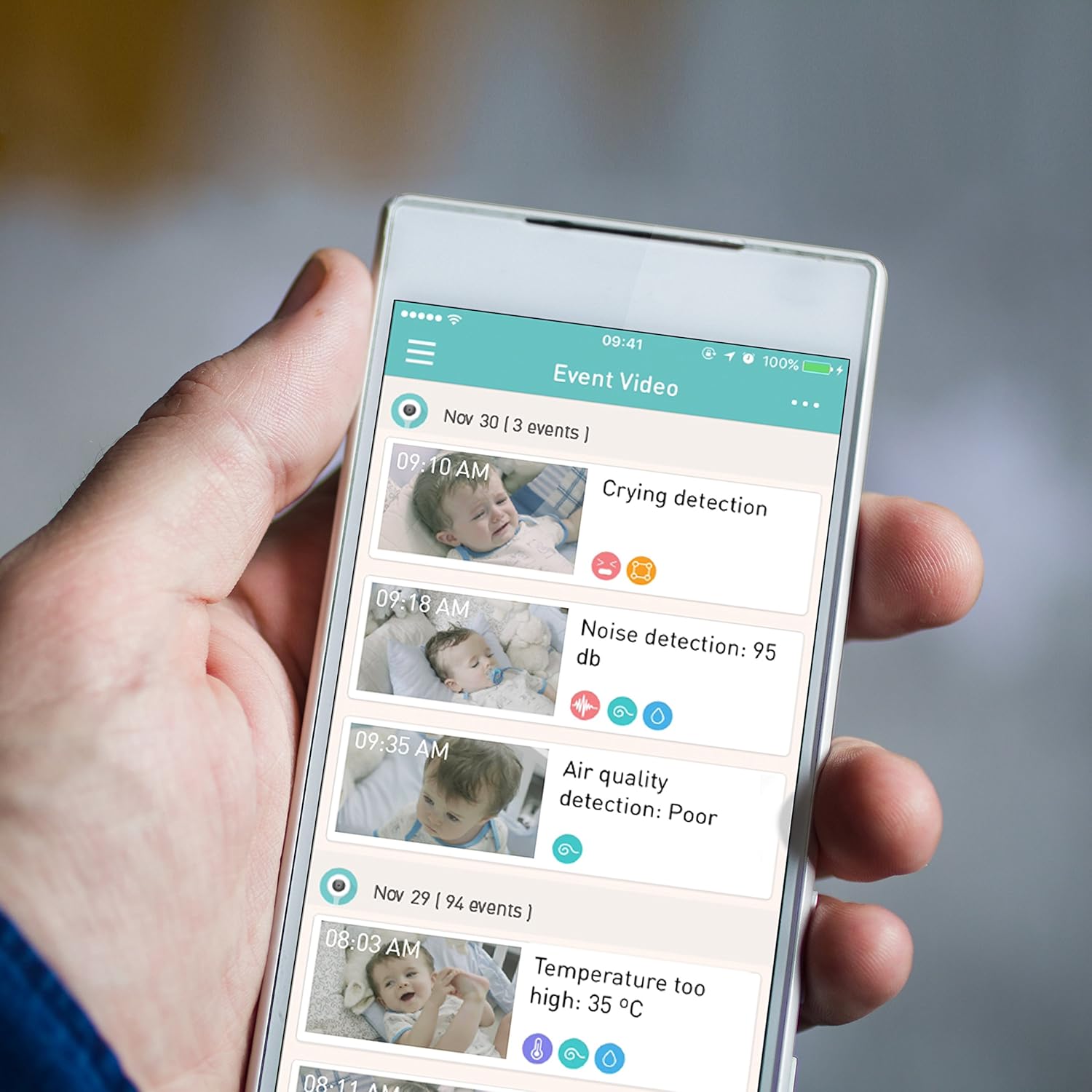 Lollipop Grey Nursery Sensor accessory for baby camera — tracks air quality, temperature, and humidity