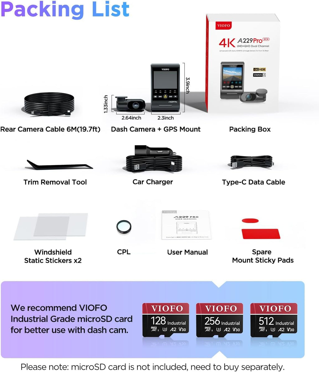 VIOFO A229 Pro 2CH 4K plus 2K dash cam front and rear