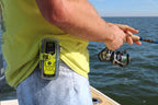 ACR ResQLink View personal locator beacon attached to user while fishing on water for marine safety