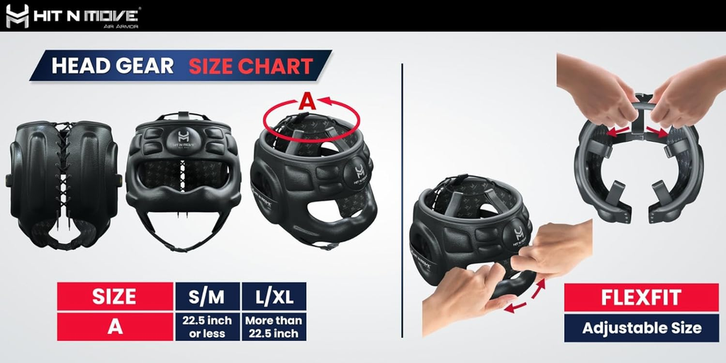 boxing headgear size chart with adjustable flexfit sizing guide
