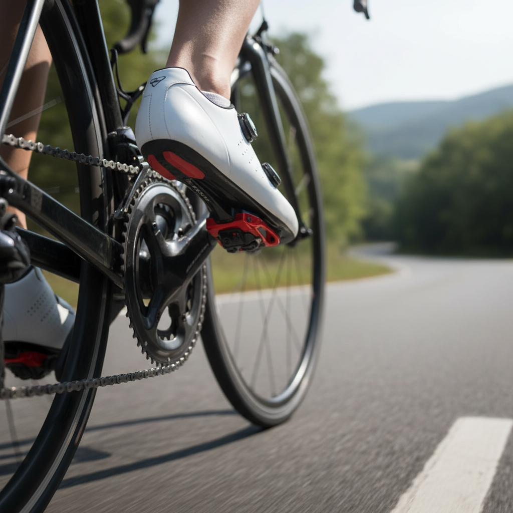 Cyclist using Favero Assioma DUO power meter pedals on road bike