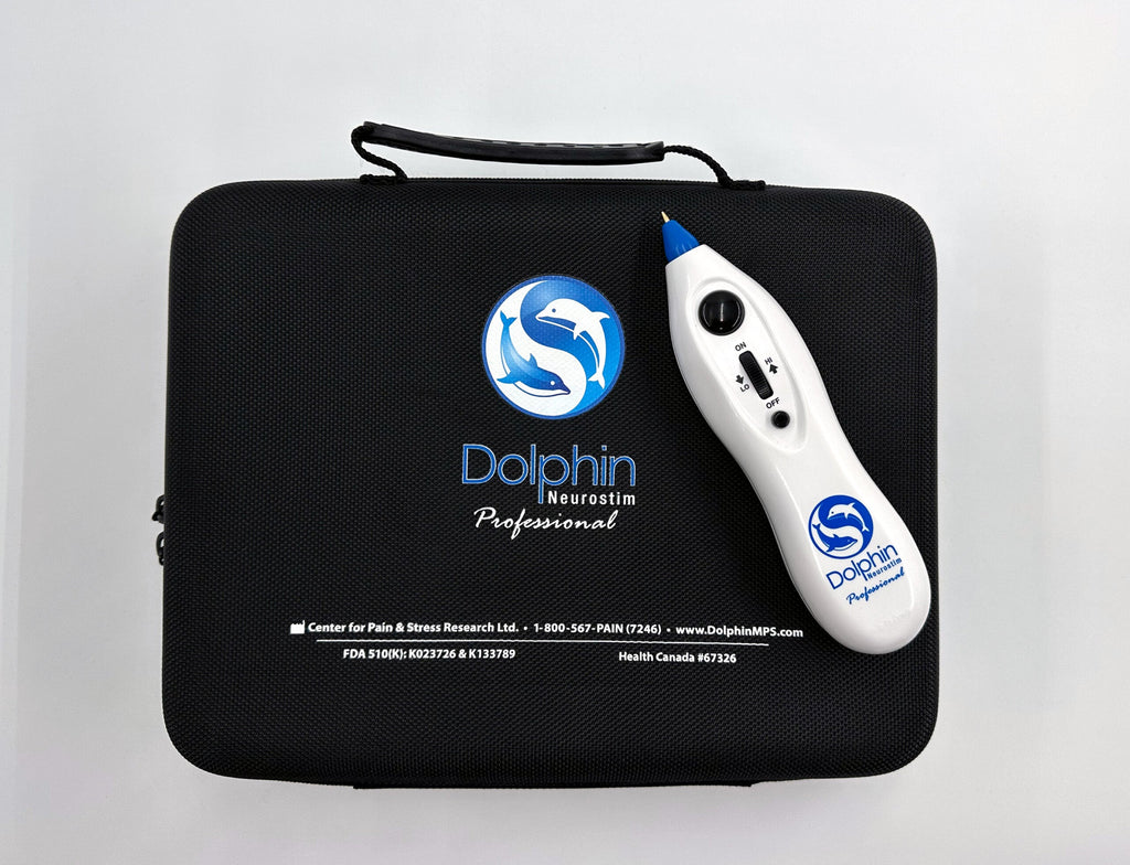 close up of Dolphin Neurostim handheld device with blue tip