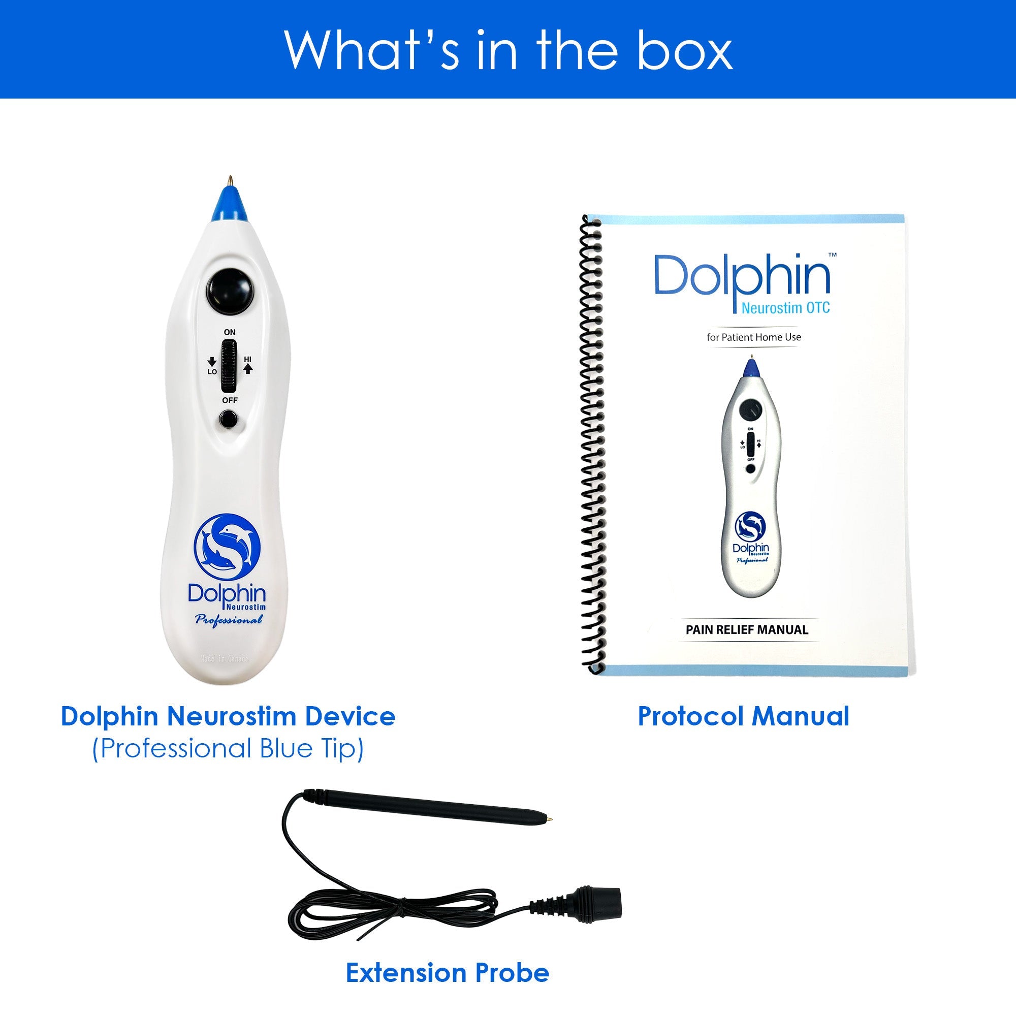 Dolphin Neurostim kit contents including device manual and extension probe