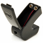 Ebow Plus open battery compartment with 9V battery clip for powering electronic guitar sustainer