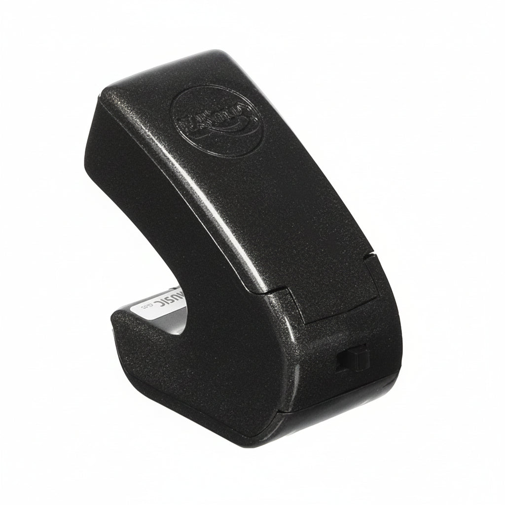 Ebow Plus angled view showing ergonomic design for controlled string sustain on electric guitar