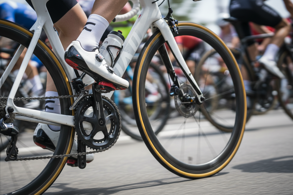 Cyclist riding road bike using Favero Assioma power meter pedals during road cycling race