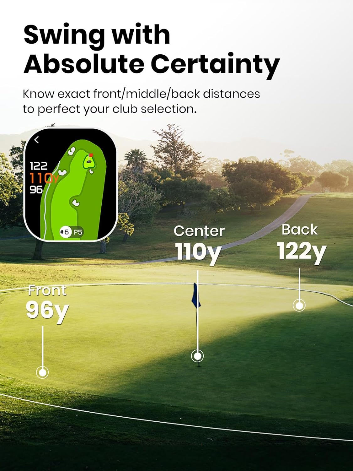 Golf rangefinder displaying front, center, and back green distances for accurate club selection