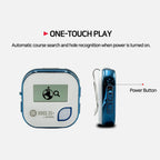 GolfBuddy Voice 2S+ Talking GPS Rangefinder clipped on a hat, showing screen and audio control