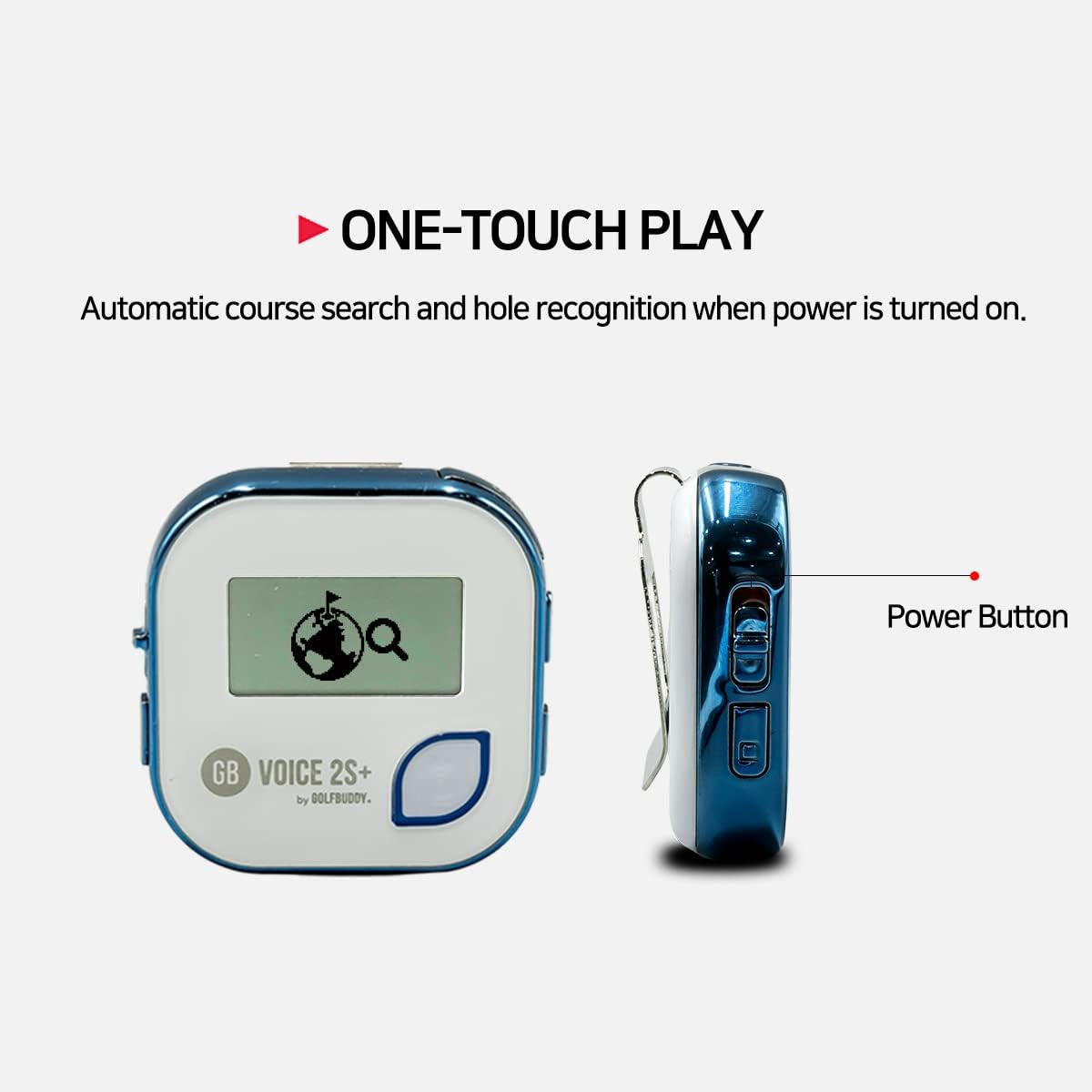 GolfBuddy Voice 2S+ Talking GPS Rangefinder clipped on a hat, showing screen and audio control