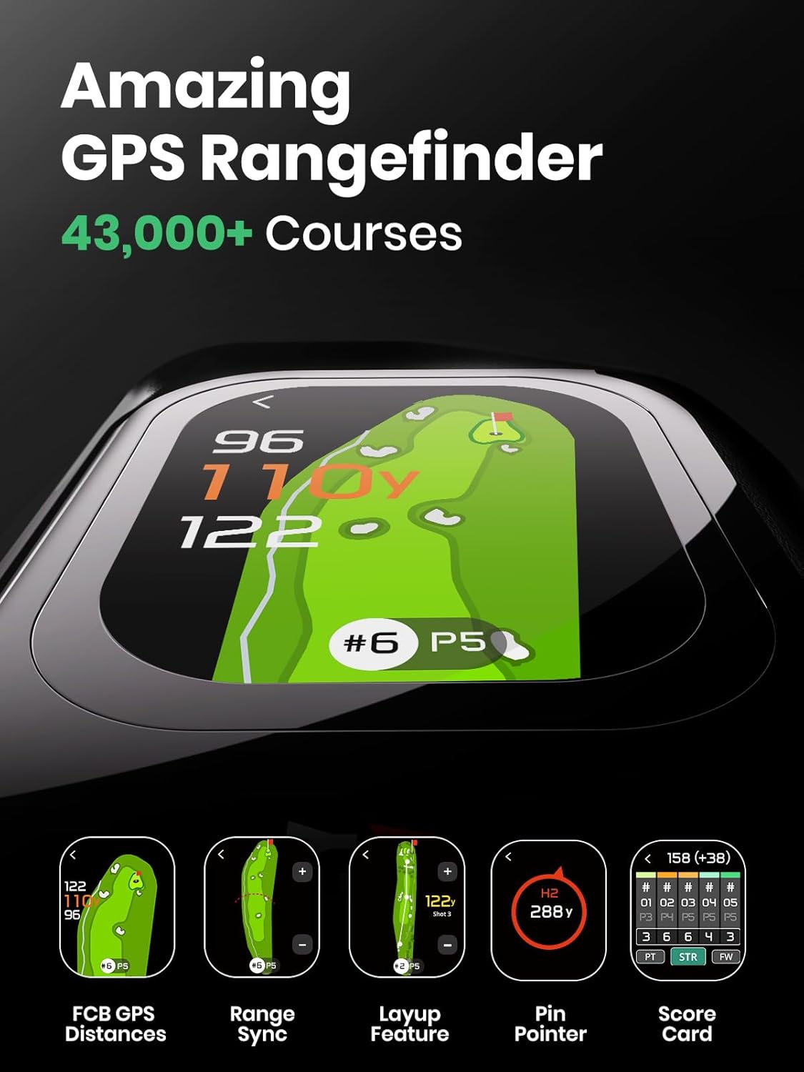 Golf GPS rangefinder screen showing detailed course layout with distances, hazards, and green positioning