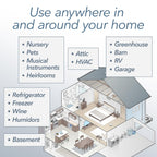 Temperature and humidity sensor used across home including nursery, basement, attic, refrigerator, and garage