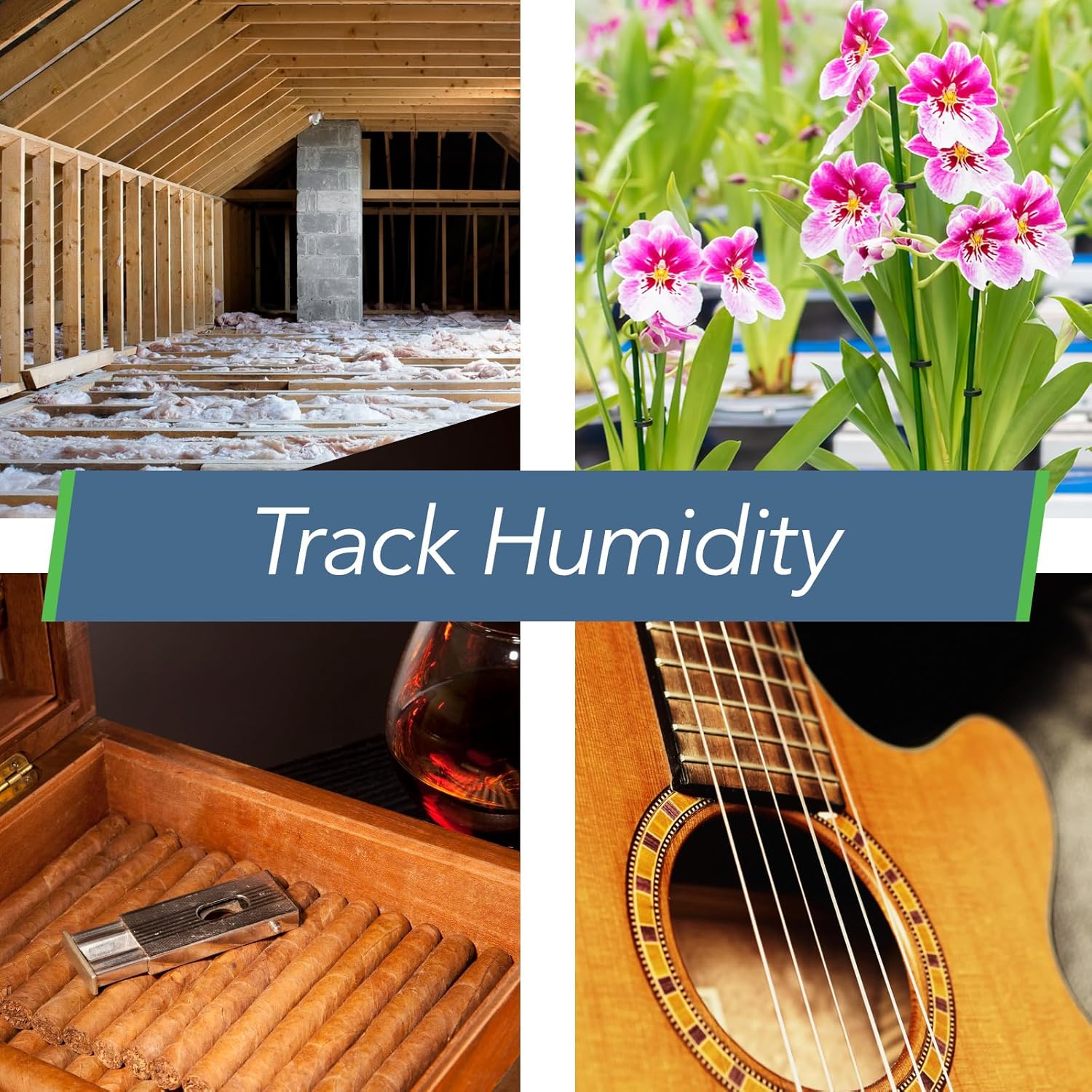 Humidity monitoring sensor protecting attic, musical instruments, and cigar humidor from moisture damage