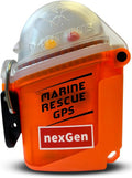 Marine Rescue GPS nexGen personal marine safety beacon front view in waterproof orange housing