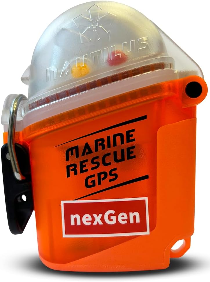 Marine Rescue GPS nexGen personal marine safety beacon front view in waterproof orange housing