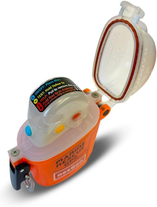 Marine Rescue GPS nexGen emergency beacon with open protective cover displaying activation buttons and controls