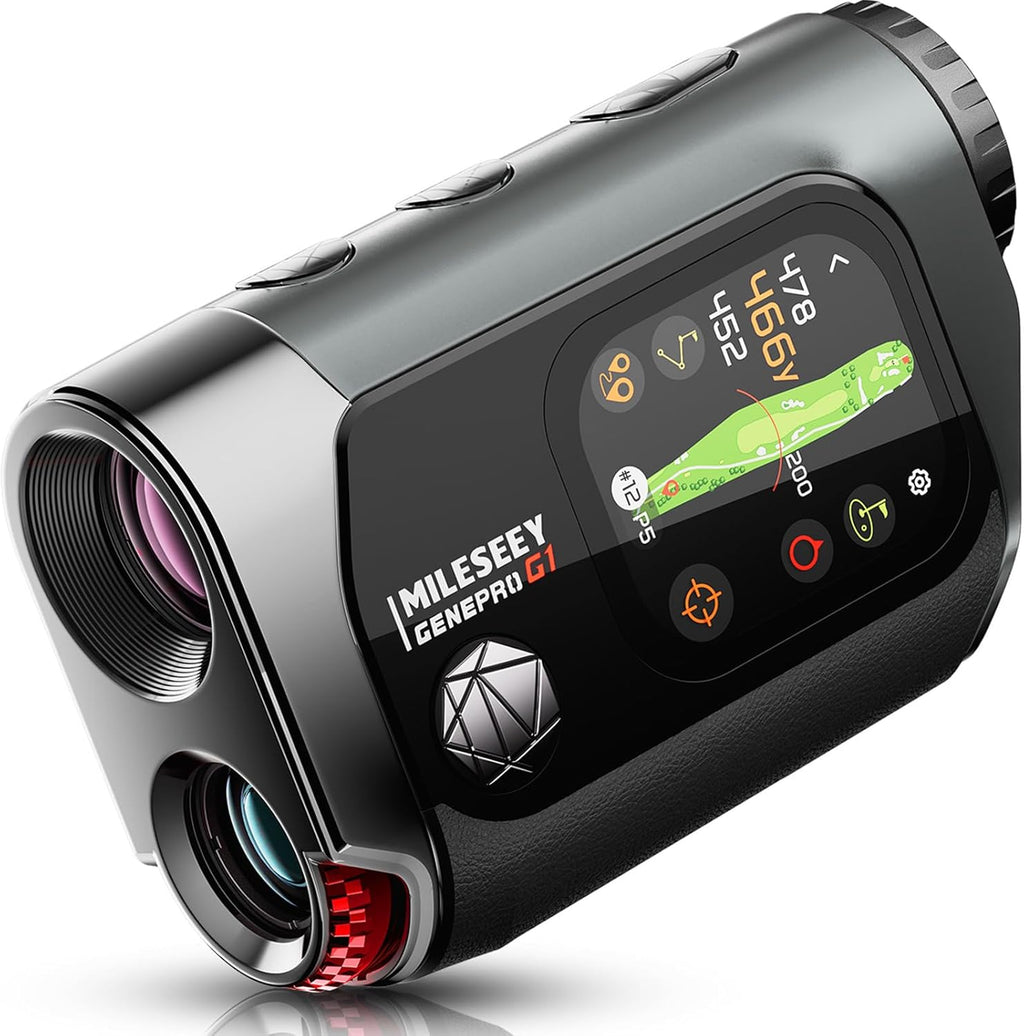 MILESEEY GenePro G1 GPS rangefinder with touchscreen display showing golf course layout and distance data