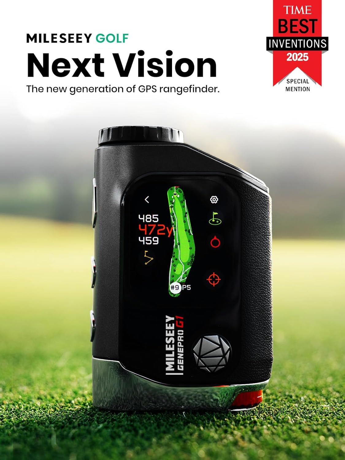 MILESEEY Next Vision GPS golf rangefinder displayed on course with full-color hole mapping and yardage information