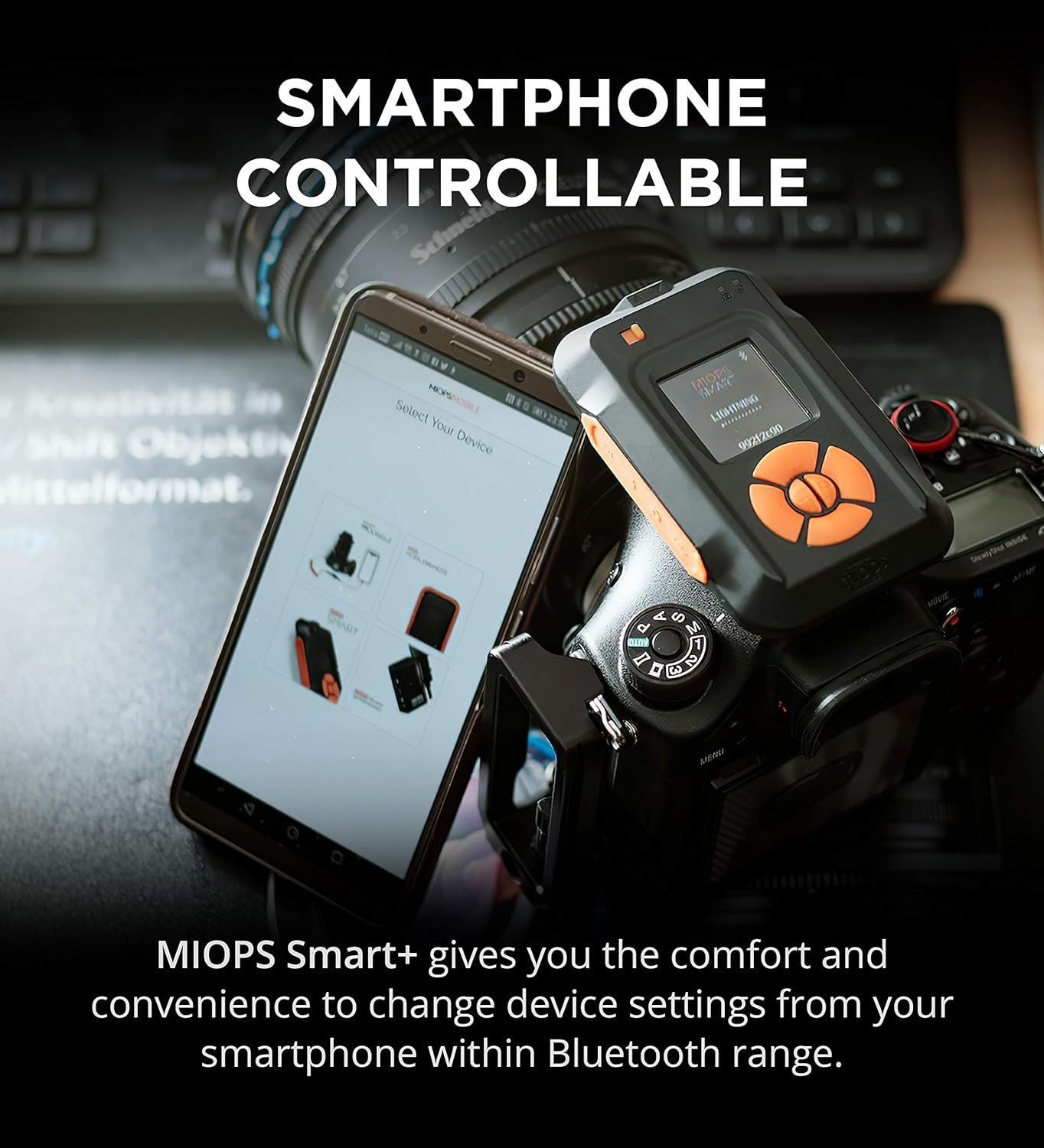 MIOPS Smart Plus connected to smartphone via Bluetooth for remote camera control and settings