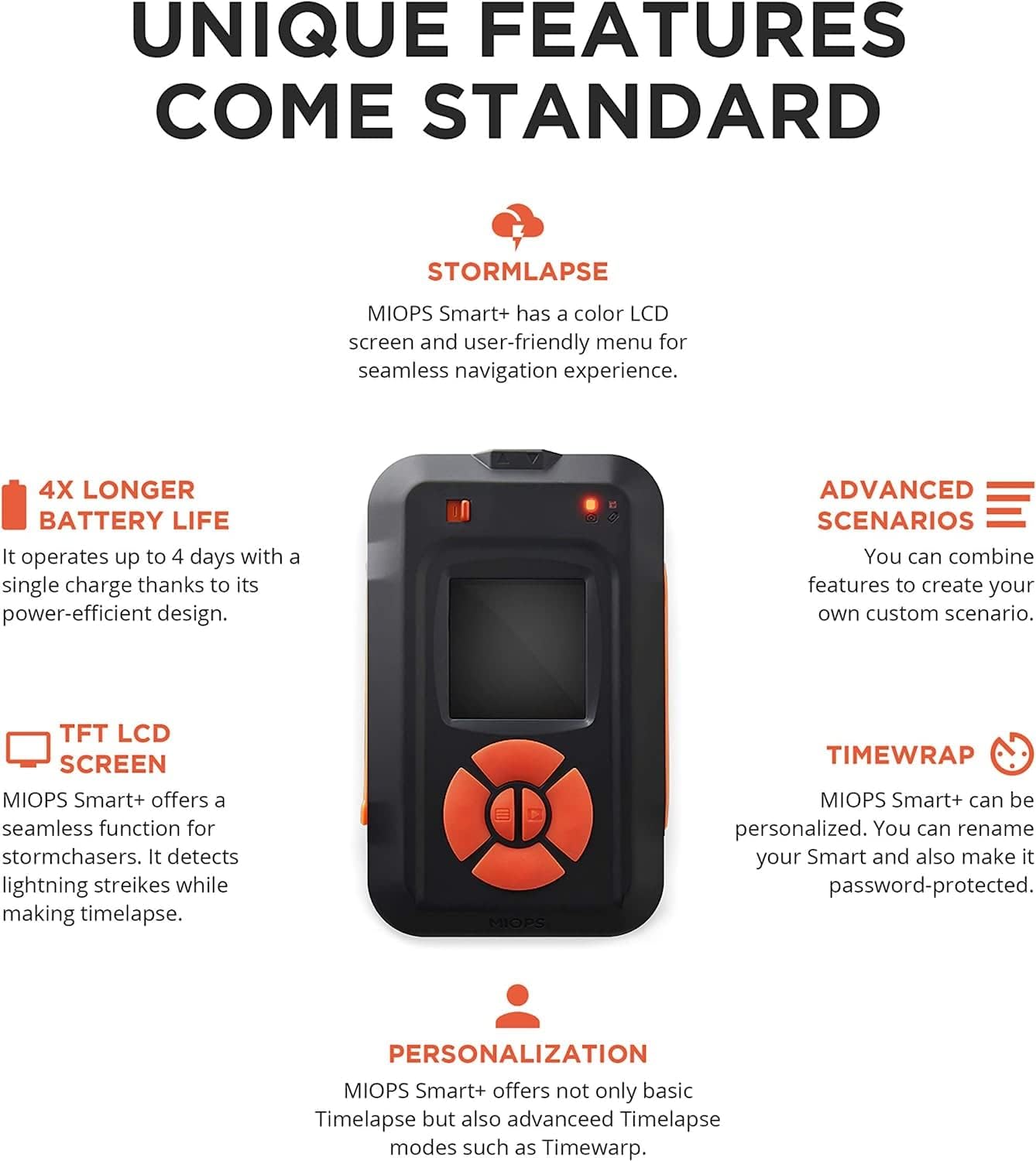 MIOPS Smart Plus camera trigger showing stormlapse mode long battery life LCD screen and advanced shooting features