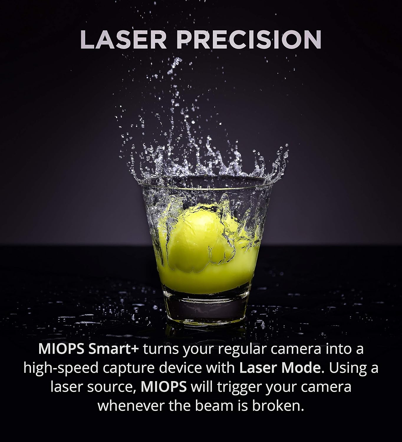 MIOPS Smart Plus laser trigger capturing high-speed splash photography with precision