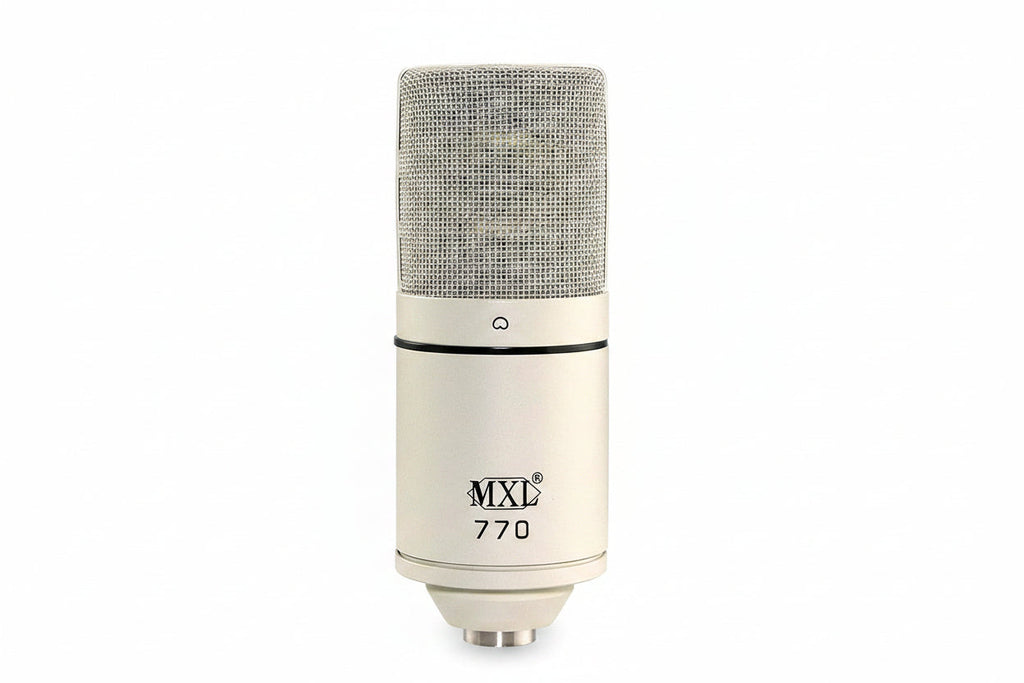 Close-up of MXL 770 condenser microphone grille showing build quality and capsule design