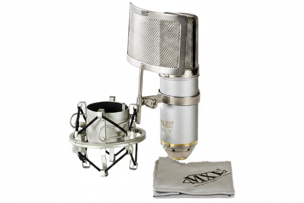 Angled view of MXL V67G condenser microphone with shock mount showing studio recording setup