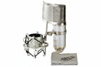 Angled view of MXL V67G condenser microphone with shock mount showing studio recording setup