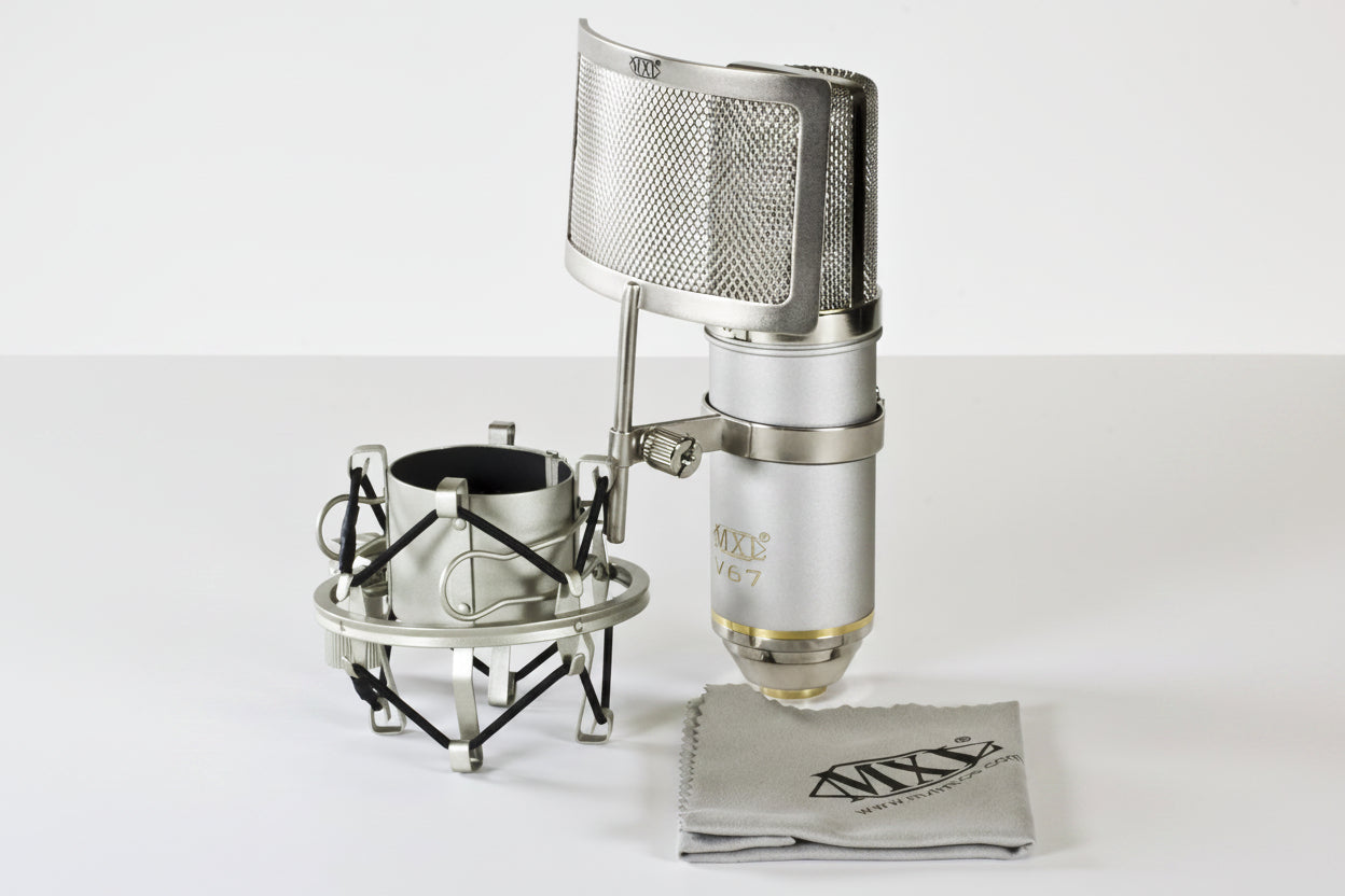 MXL V67G condenser microphone with shock mount and pop filter setup for professional vocal recording