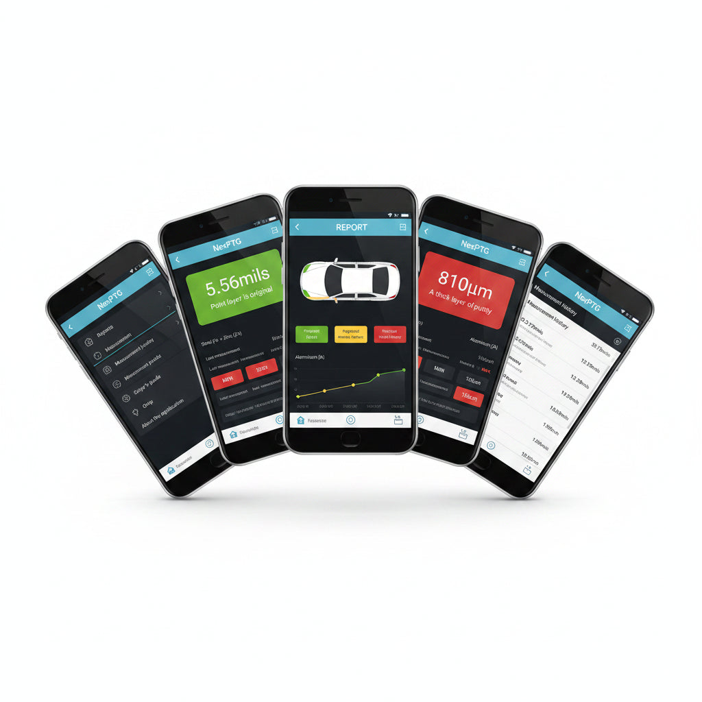 NexPTG mobile app interface showing paint thickness analysis, reports, and measurement history