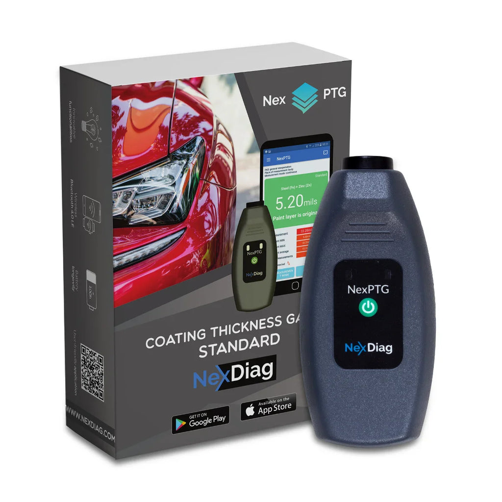 NexPTG coating thickness gauge connected to smartphone app showing real-time paint measurement