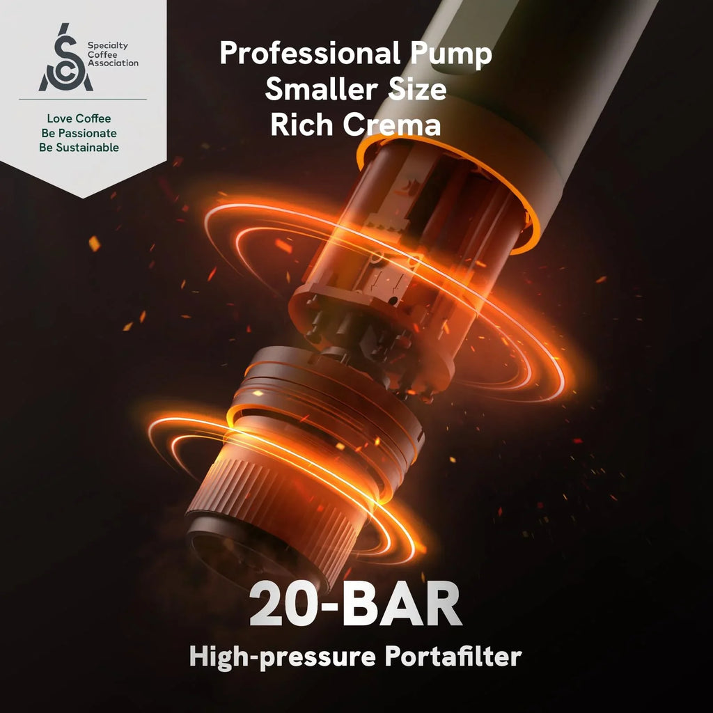 OutIn Nano portable espresso maker showing 20-bar high-pressure extraction system for rich crema