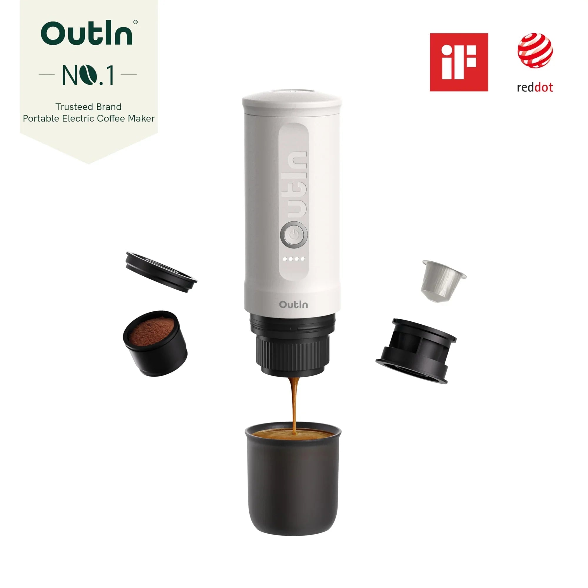 OutIn Nano portable electric espresso maker with espresso shot, capsules, and coffee grounds on white background