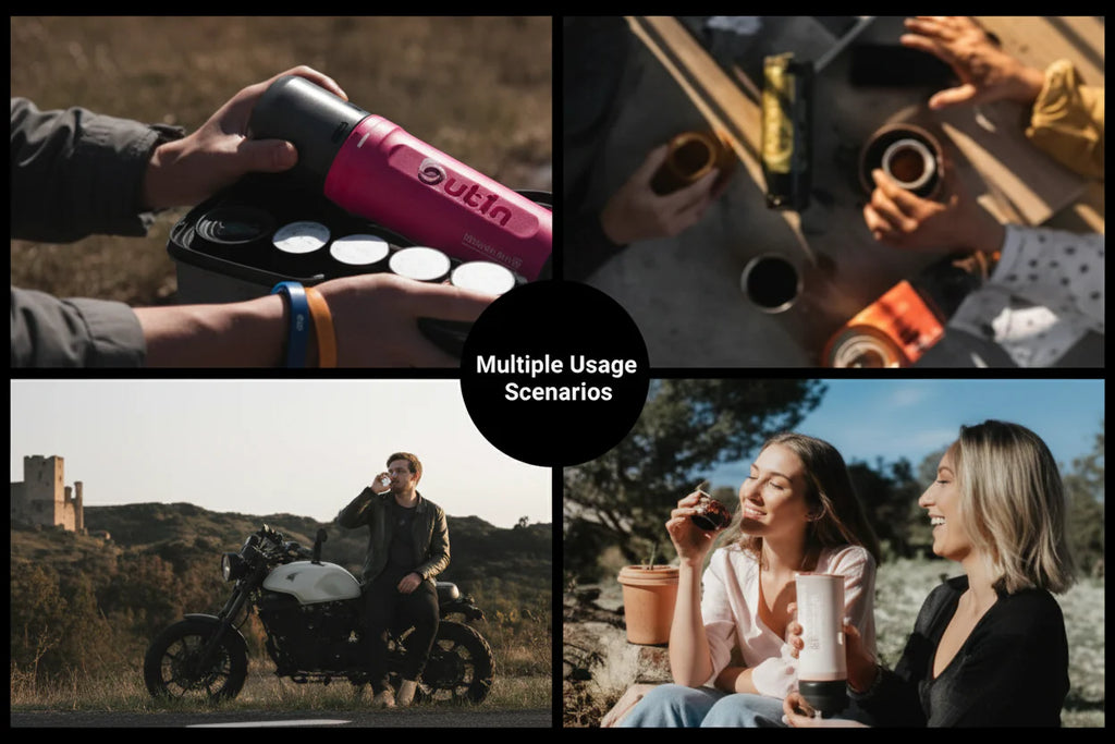 OutIn Nano portable espresso maker used outdoors for camping, travel, and social coffee moments
