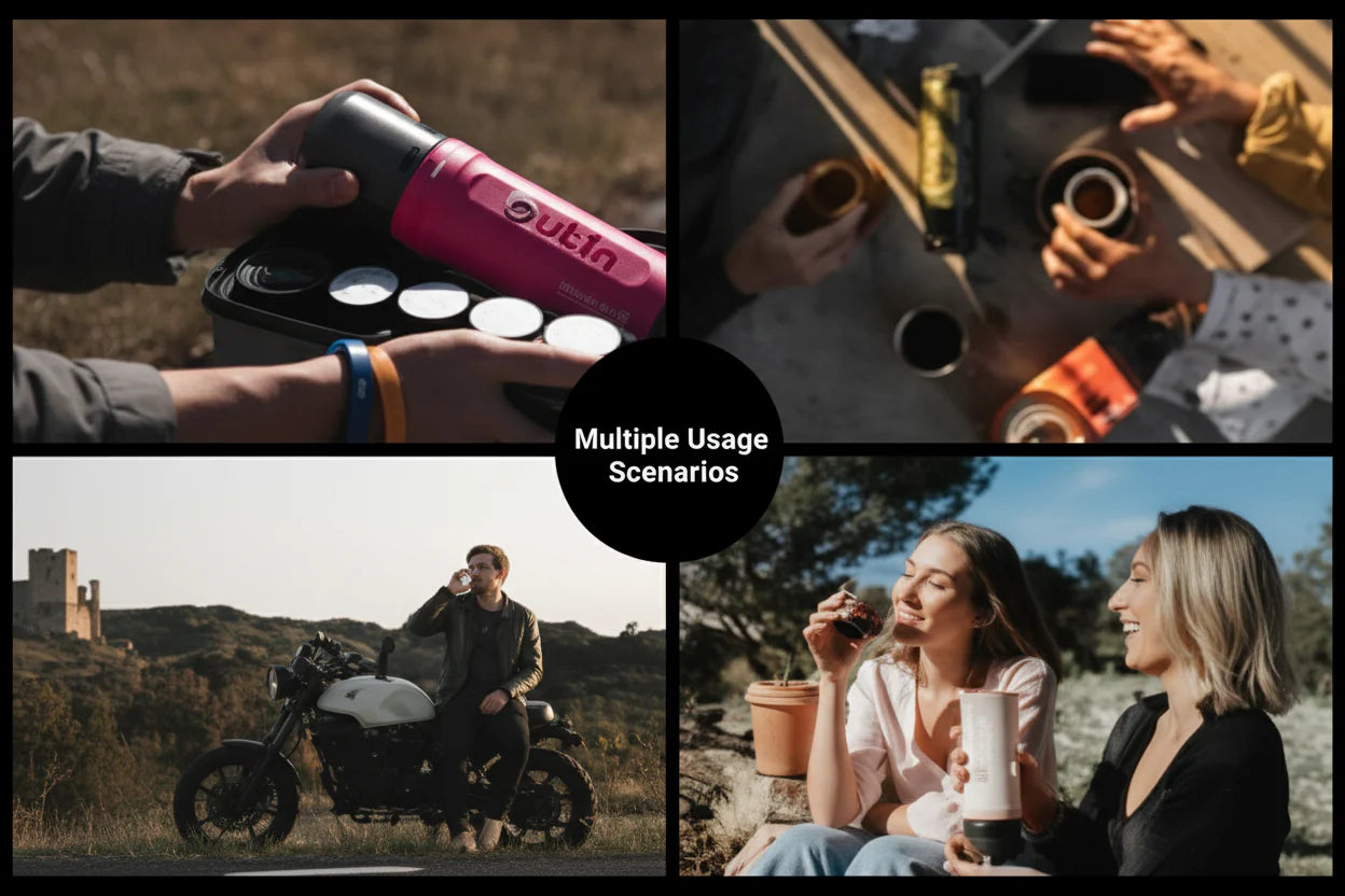 OutIn Nano portable espresso maker used outdoors for camping, travel, and social coffee moments