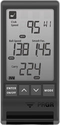 PRGR portable launch monitor showing club speed, ball speed, smash factor, and carry distance data