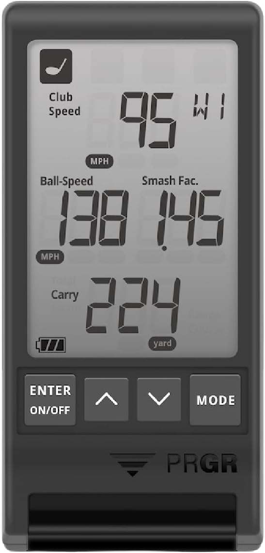 PRGR portable launch monitor showing club speed, ball speed, smash factor, and carry distance data