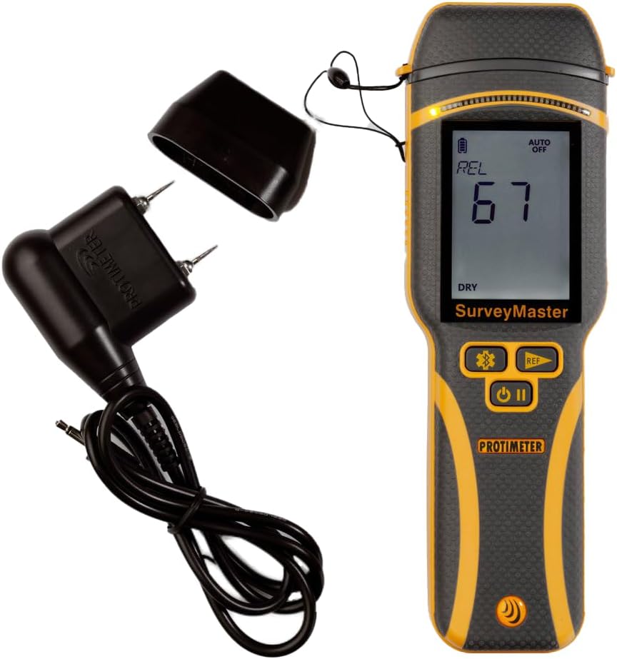 Protimeter SurveyMaster moisture meter connected to external pin probe accessory for moisture testing