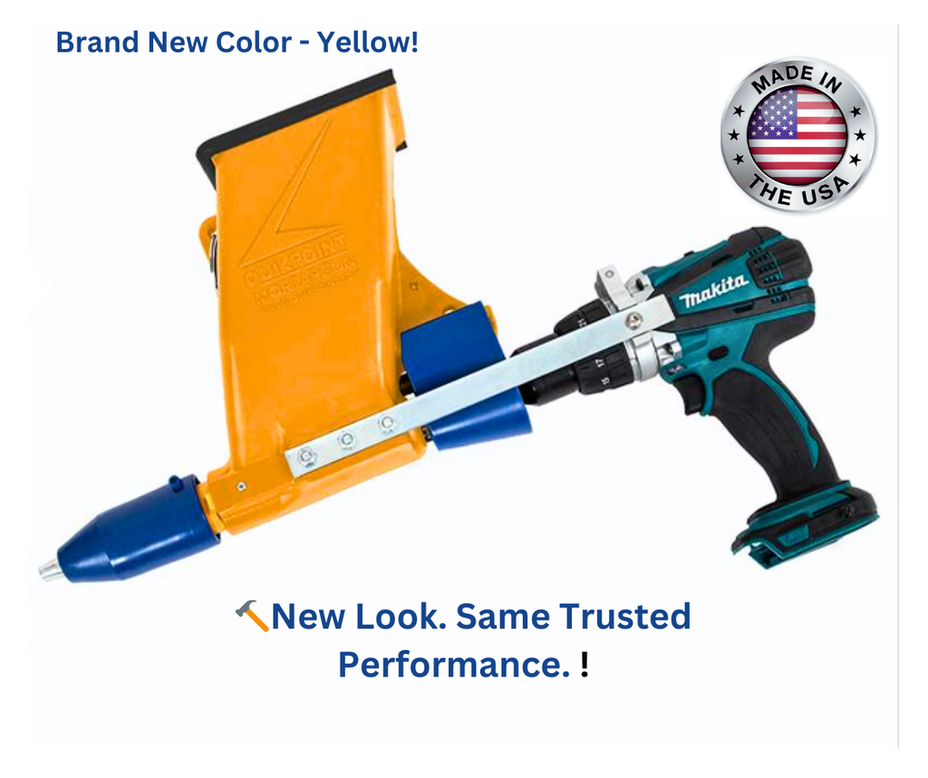 Quikpoint mortar gun drill attachment in yellow with cordless drill for mortar pointing applications