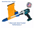 Quikpoint mortar gun drill attachment in yellow with cordless drill for mortar pointing applications