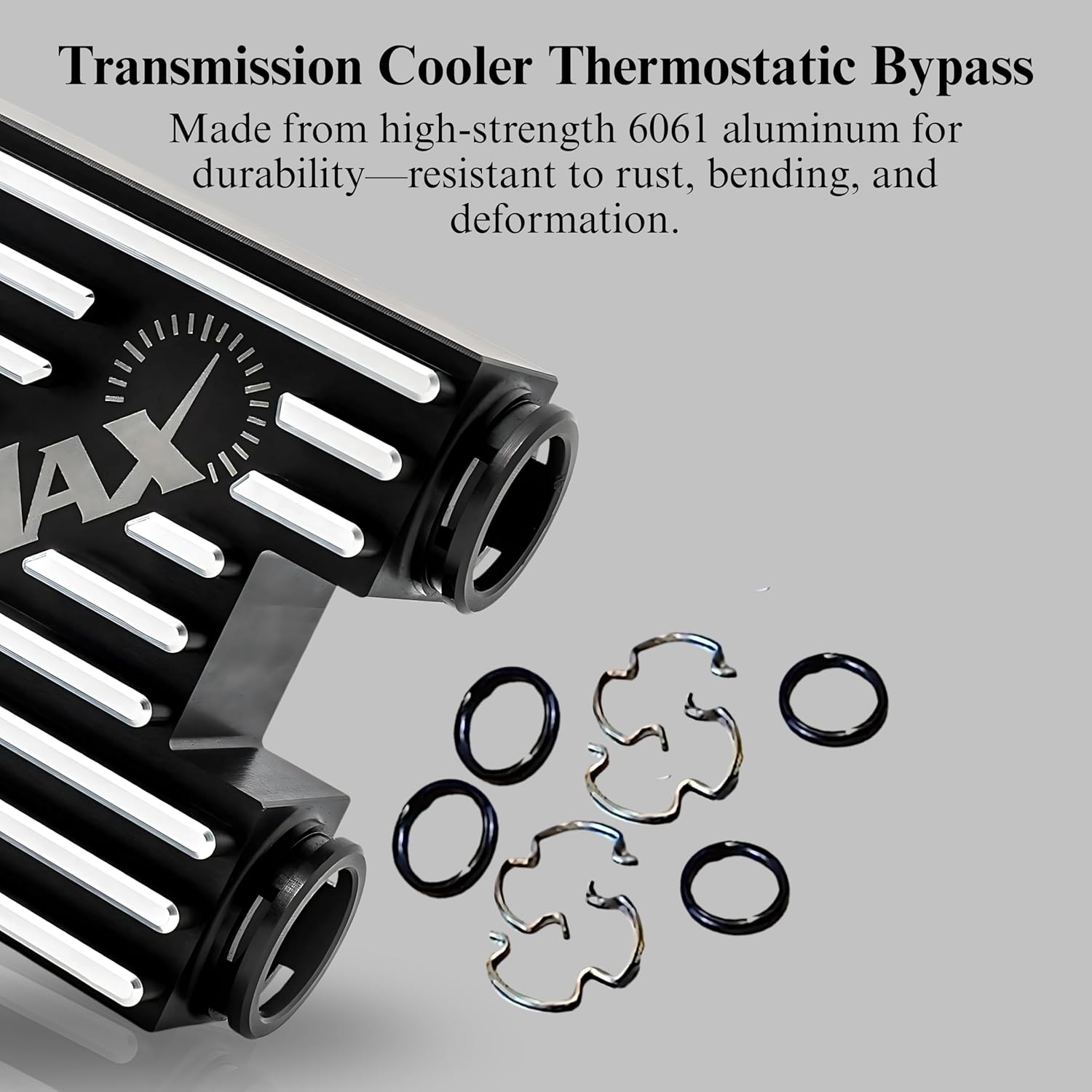 RevMax transmission cooler thermostatic bypass made from durable 6061 aluminum with installation hardware