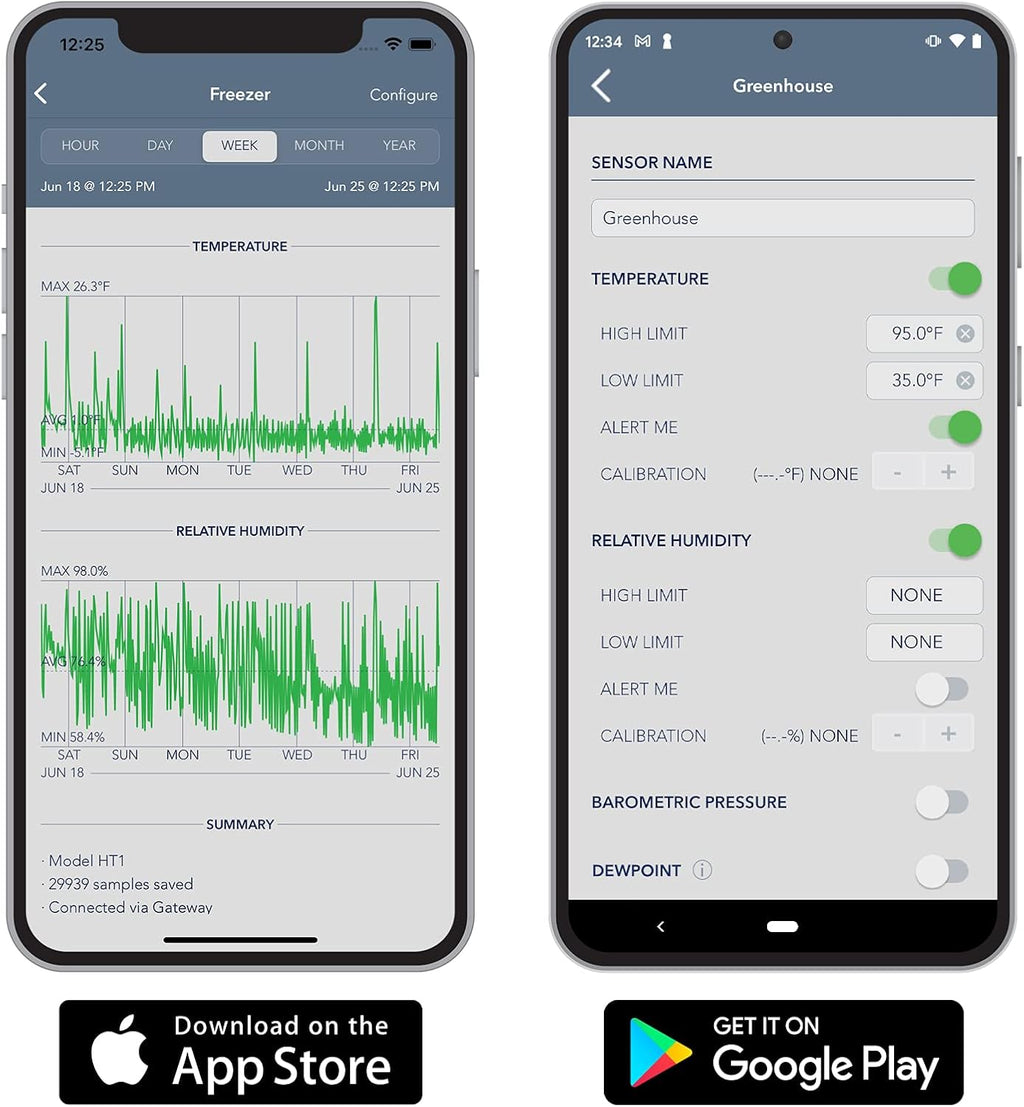 Mobile app interface for SensorPush showing temperature and humidity graphs alerts and custom settings